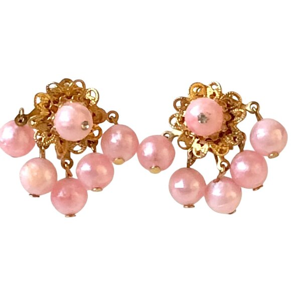 Mid Century Screw Back Earrings Pink Beads Cluster Goldtone Metal Dangling - Picture 7 of 11